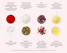 Load image into Gallery viewer, Rozes Glassy Glow Beauty Tonic Ingredients Formula including astaxanthin, marine collagen, rose, tremella mushroom, pearl collagen, horsetail, goji berry, vitamin c